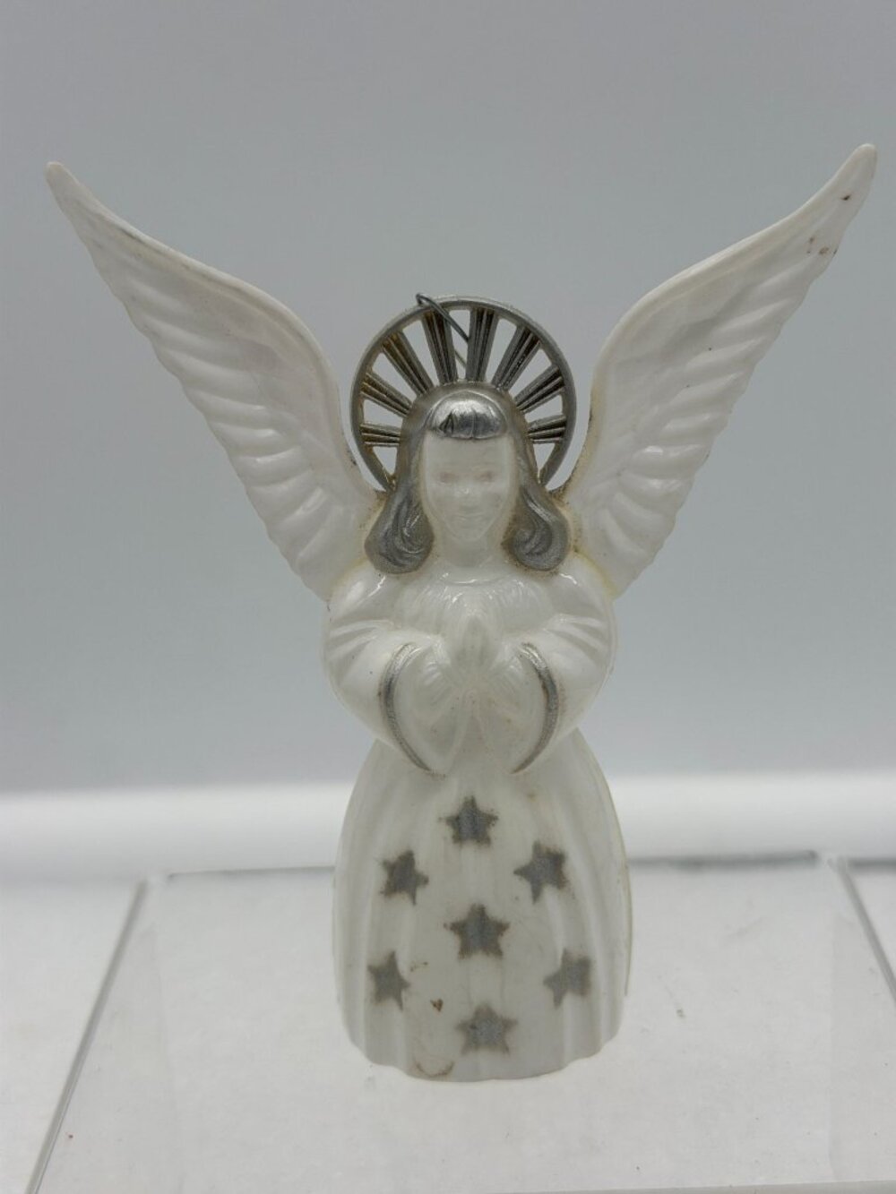 Vintage White Hard Plastic Angel Christmas Ornament with Silver Stars